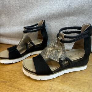 Corky's Browning Gunmetal Wedge Heel Ankle Strap Sandal-Black-Silver-Women 6